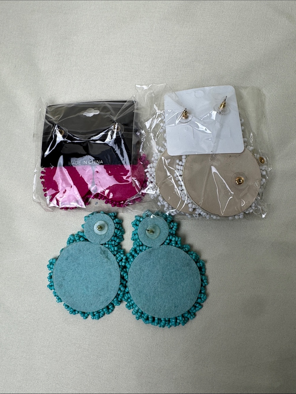 Bundle of Statement Beaded Earrings - Teal, Raspberry, White - Picture 3 of 5